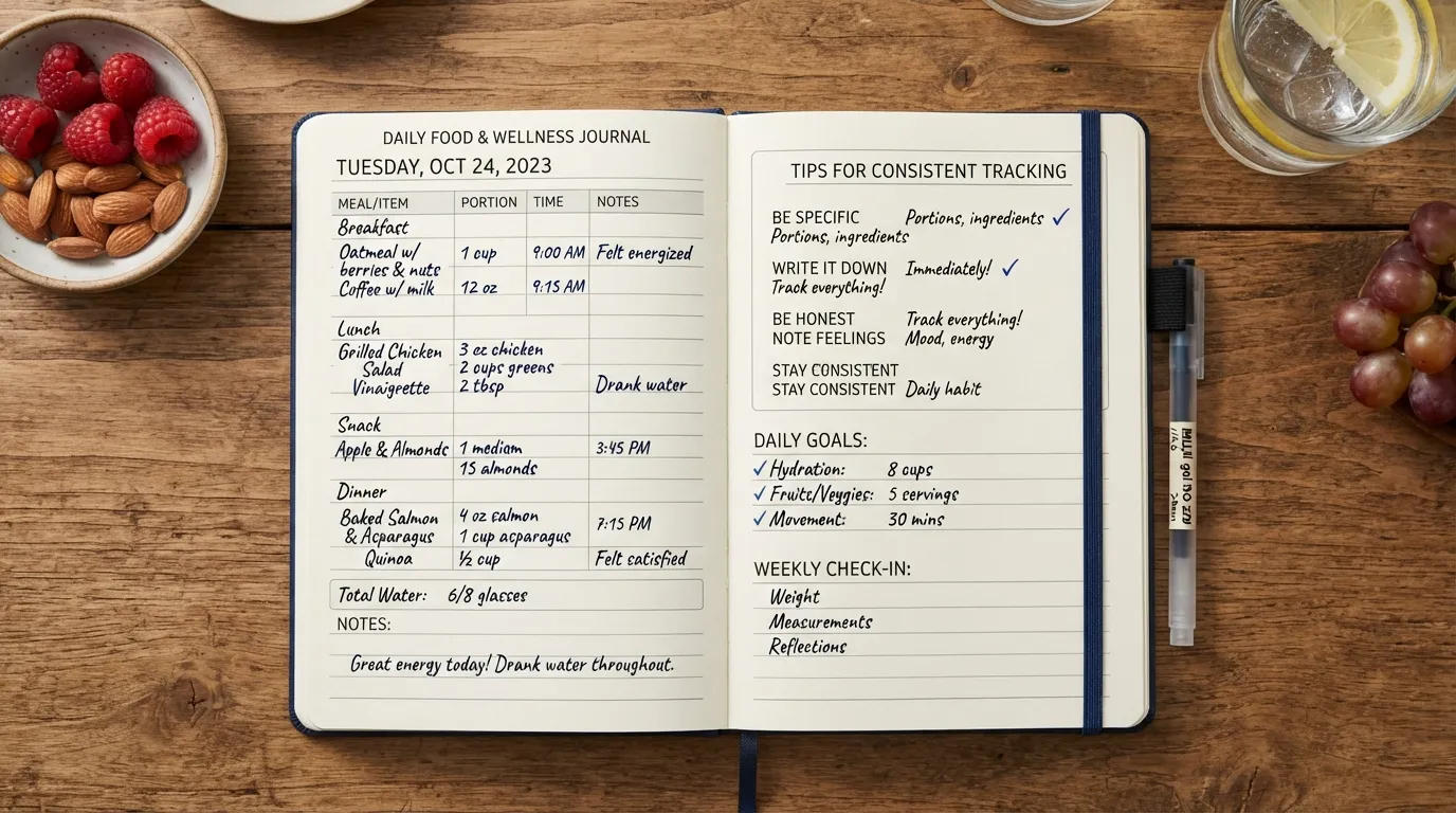 Open food journal showing meal and drink entries, portion details, meal times, notes, sample food tracking examples, and practical journaling tips.