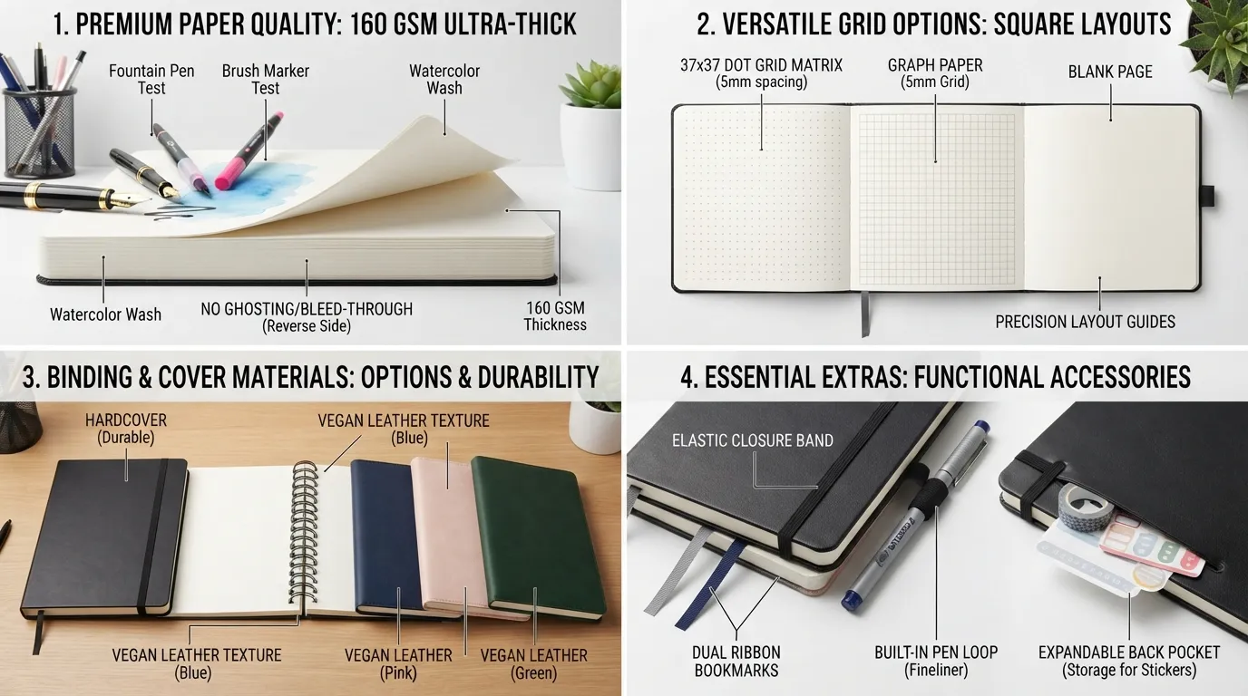 A side-by-side visual guide showing square bullet journal features, including 160 GSM paper bleed test, 37x37 dot grid matrix, 180-degree lay-flat stitch binding, hardcover materials, and built-in elastic band with ribbon bookmarks.