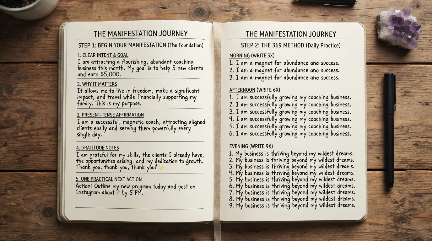 Open manifestation journal showing beginner setup steps, writing prompts, affirmations, gratitude notes, goals, and the 369 method with 3 morning, 6 daytime, and 9 evening repetitions.