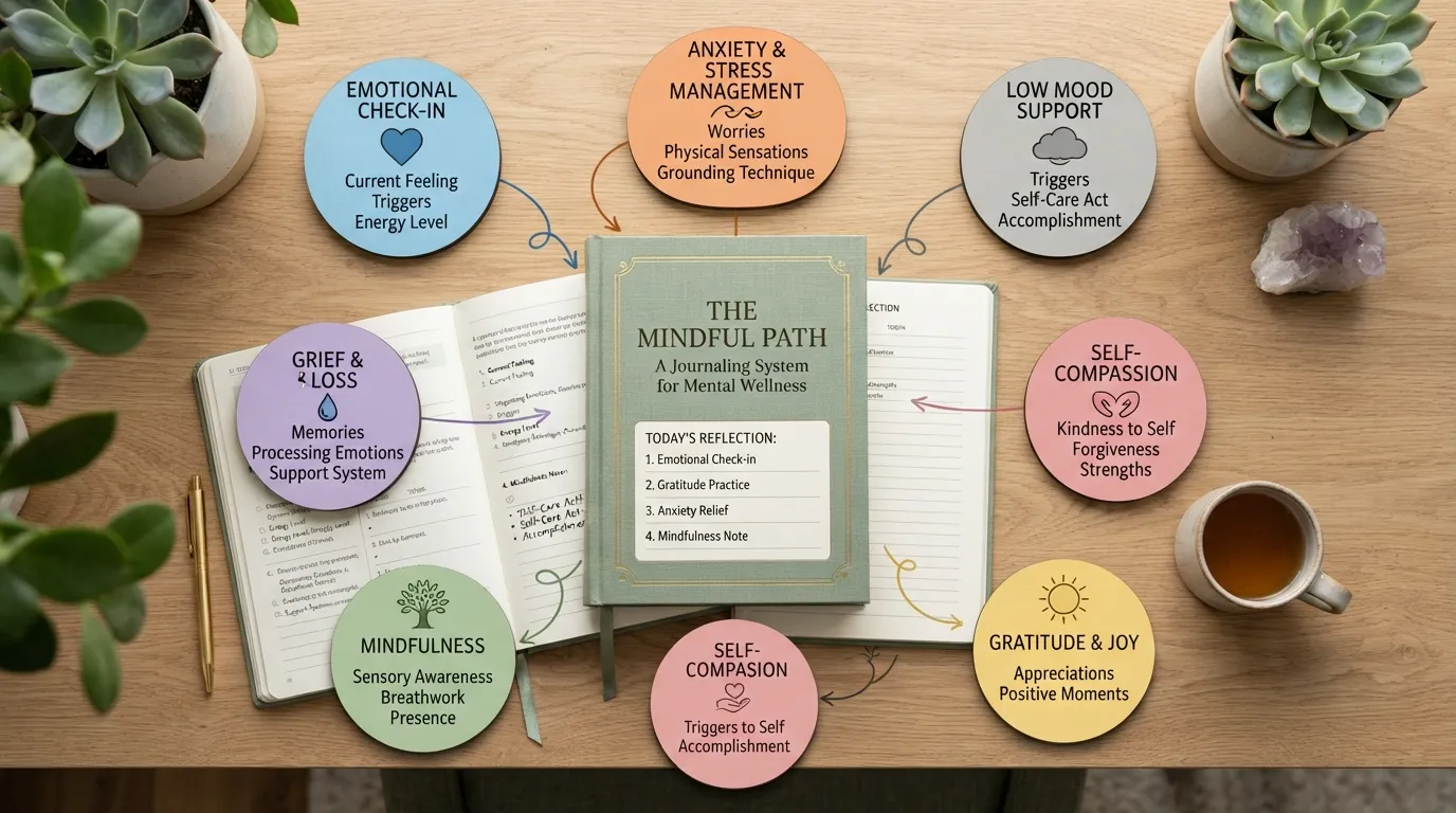 An organized overview chart and notebook displaying categorized mental health journal prompts for emotional check-ins, anxiety, grief, and self-compassion.
