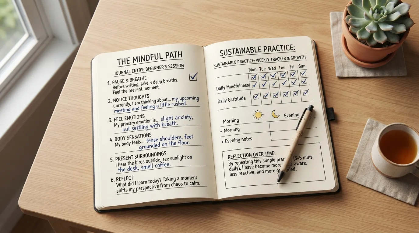 Open mindfulness journal showing a simple starting routine, mindful writing prompts, present-moment reflection, and a consistent daily journaling practice.