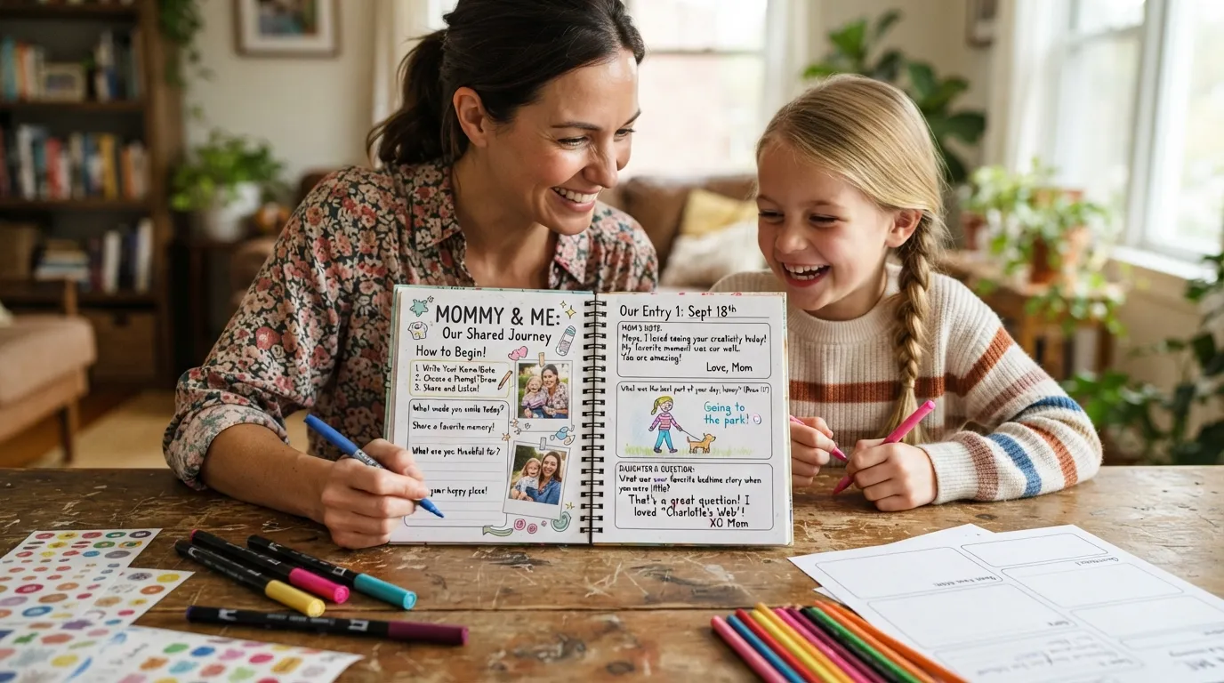 Mother and child starting a mommy and me journal together with writing prompts, shared journal pages, and a simple printable template.