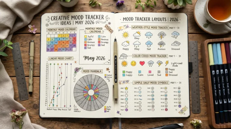 Creative mood tracker bullet journal layouts with colorful monthly mood tracking ideas
