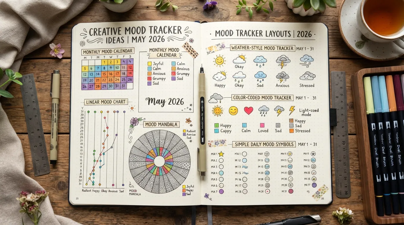 Creative mood tracker bullet journal layouts with colorful monthly mood tracking ideas