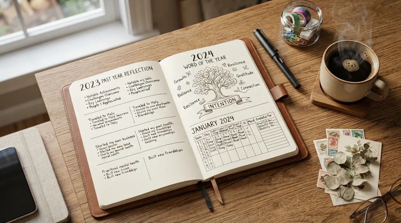 A flat lay photo of an adult journal open on a wooden desk, surrounded by colored pens, a cup of coffee, and handwritten reflection notes.