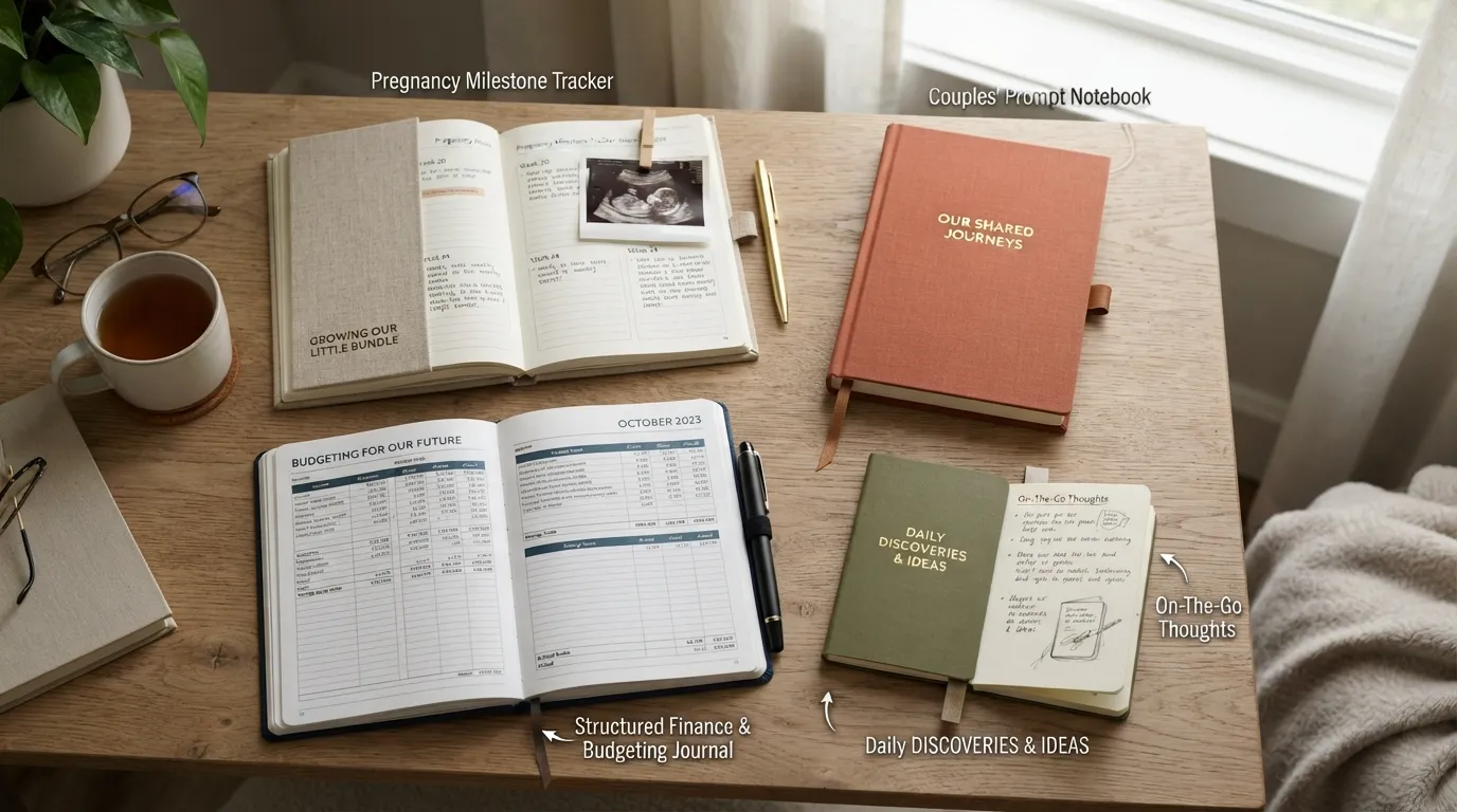 A flatlay photograph of specialized journals categorized by life stages, including a pregnancy journal, finance tracker, and couples notebook on a wooden desk.