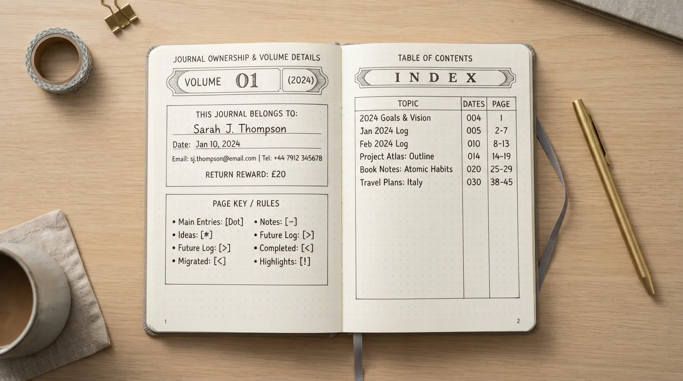 Flat lay photograph of an open notebook displaying a personalized first page template, title, contact details, and colorful cover design decorated with washi tape.