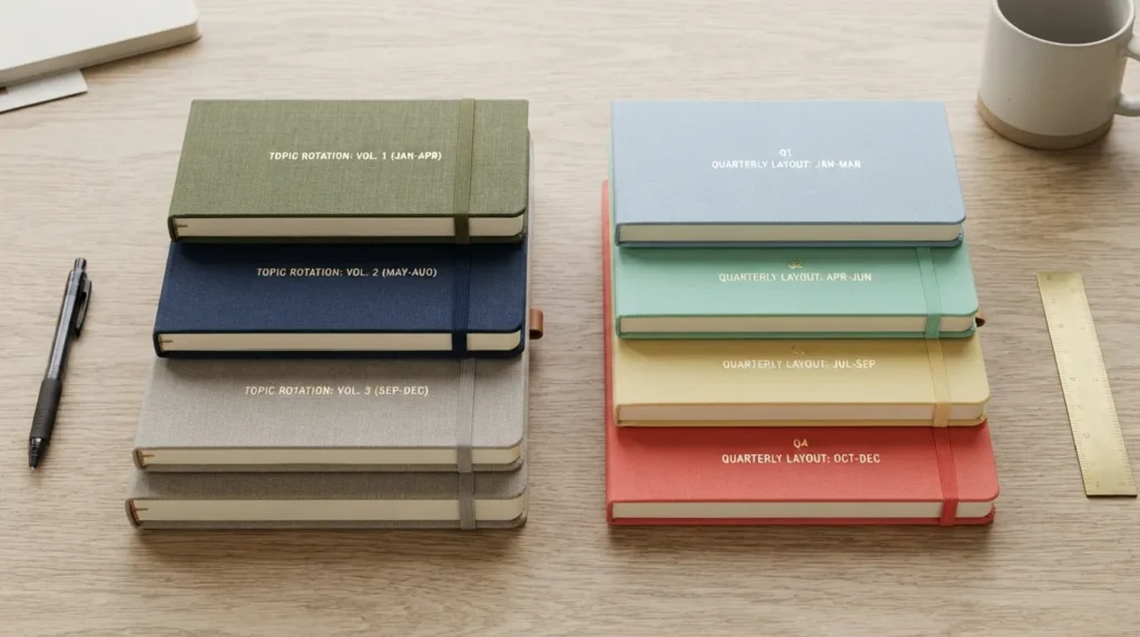 Overhead view of two stationery collections comparing a notebook set of three against a notebook set of four on a clean desk.