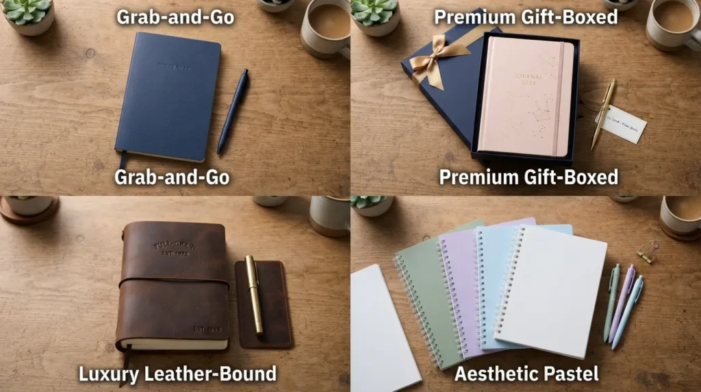 Flat-lay photo displaying different types of notebook sets arranged by occasion, including a luxury pen set, a spiral school pack, a pastel gift box, and an aesthetic floral journal.