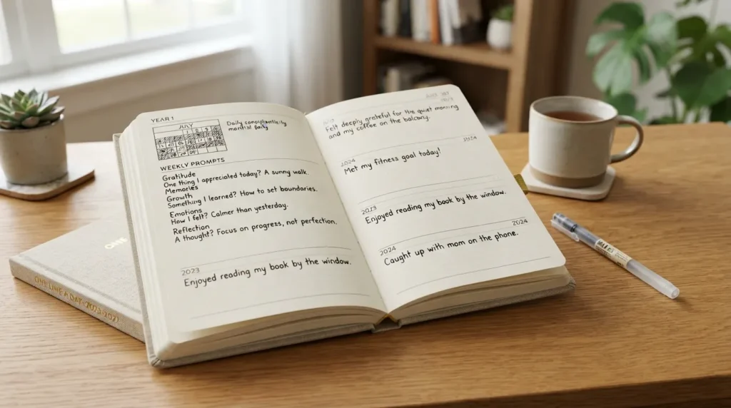 Open journal showing one line a day writing prompts, daily reflection ideas, memory tracking examples, and beginner journaling sections
