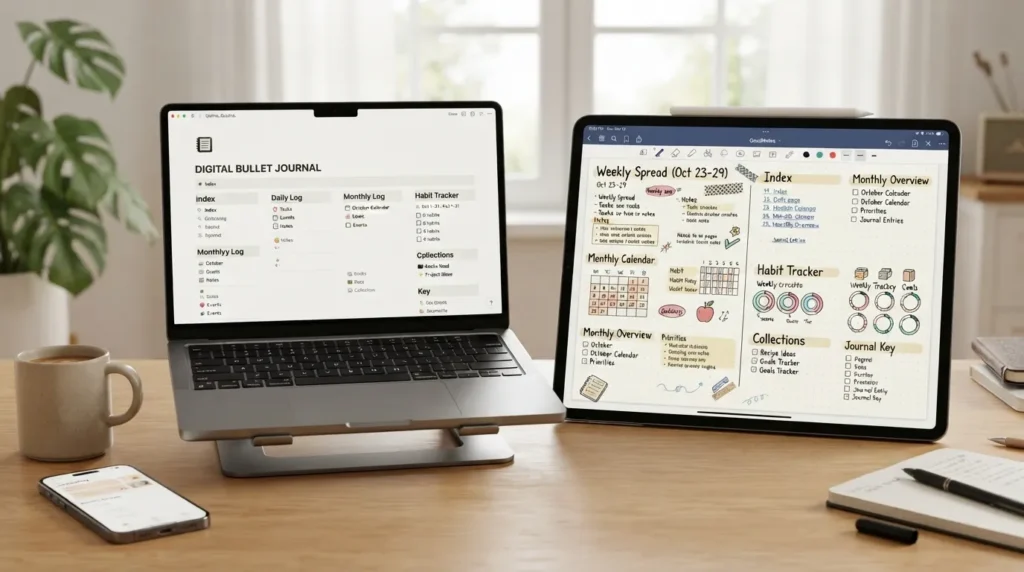 Online bullet journal website showing digital journaling options for planning, daily notes, tasks, and habit tracking
