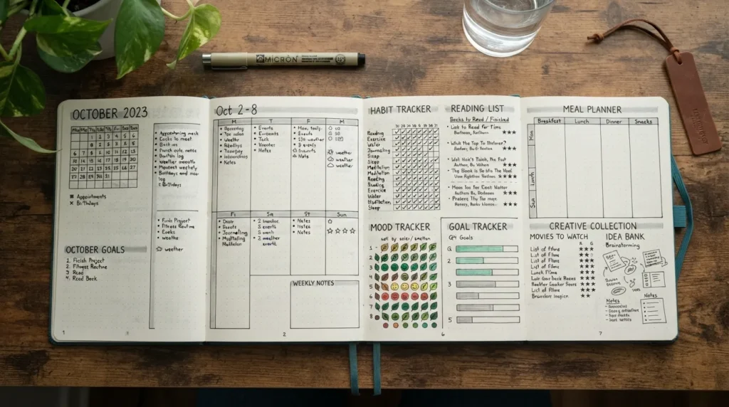 Bullet journal page ideas including planning, habit tracking, organization, creative collections, and beginner-friendly layouts
