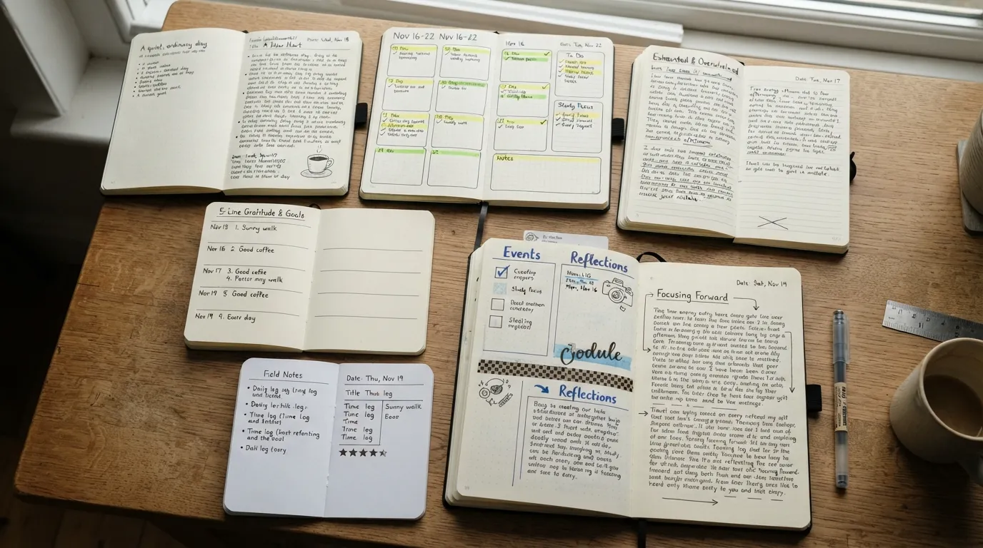 A close-up overhead photo of an open notebook displaying handwritten personal daily journal entries with highlighted bullet points, a pen resting alongside, and a warm cup of coffee on a wooden desk.