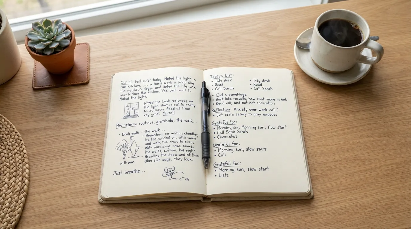 A flatlay photograph of an open minimalist daily journal, a trusty pen, and a warm cup of coffee on a clean wooden desk, representing a personal daily journaling habit.