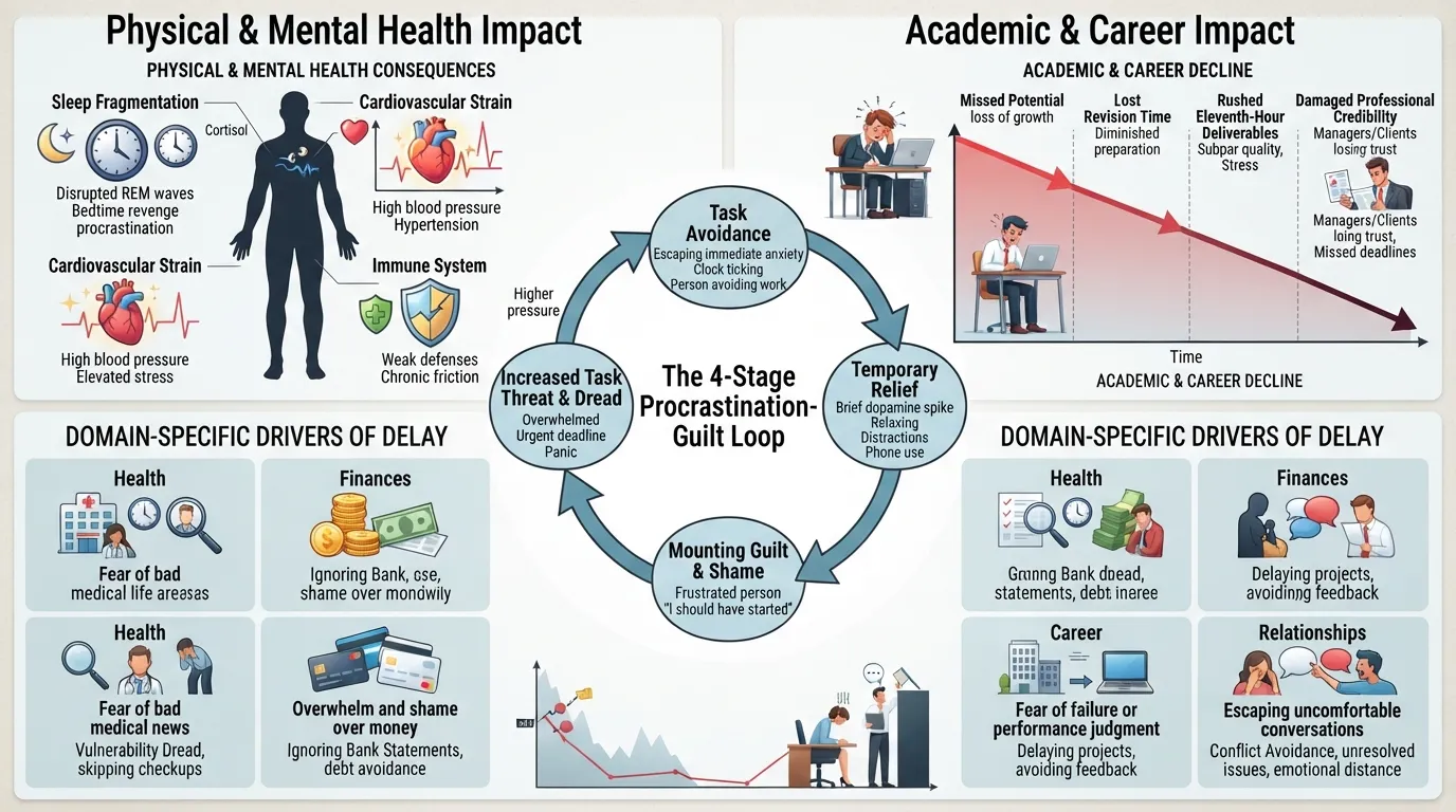 Infographic showing the real consequences of chronic procrastination, including physical health risks, career impacts, domain-specific patterns, and the 4-stage avoidance loop.
