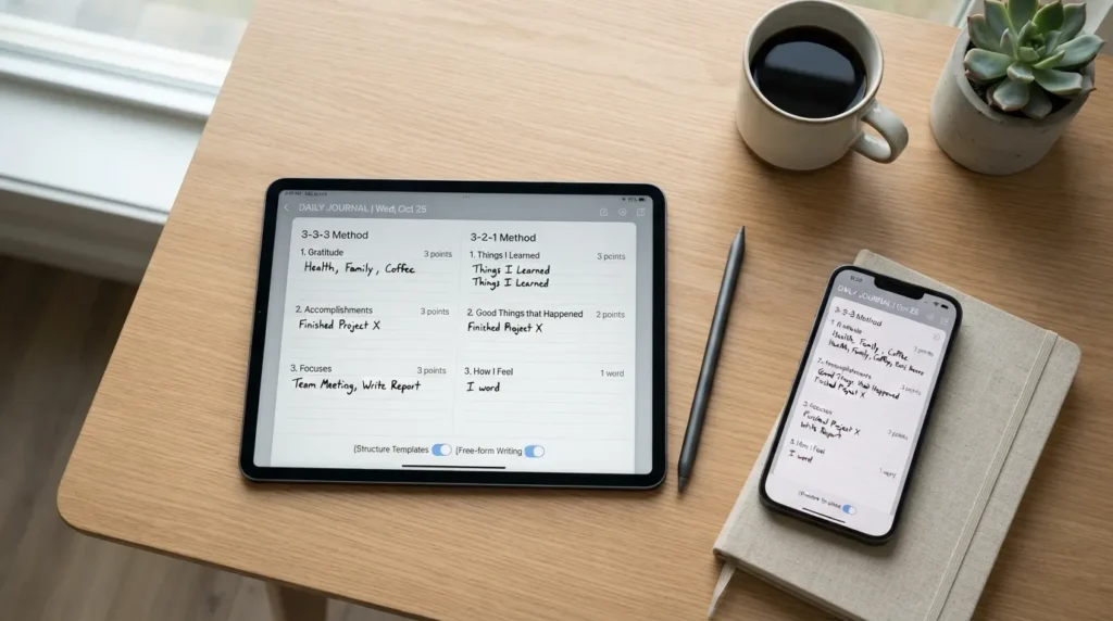 A flatlay photo of a tablet displaying structured digital journaling methods and frameworks like the 3-3-3 and 3-2-1 techniques alongside a stylus and coffee cup.