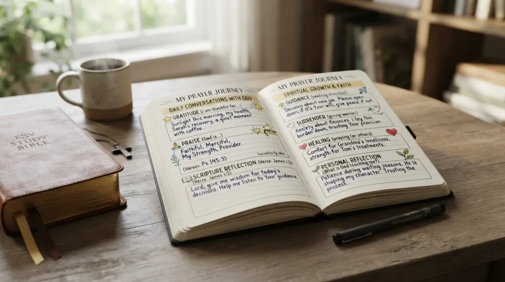 Open prayer journal showing handwritten prayer prompts with sections for gratitude, guidance, healing, reflection, and faith growth alongside a Bible and pen.