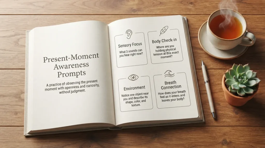 An open handwritten mindfulness journal surrounded by sensory items, displaying four present-moment awareness prompts on body scan, sound, breath, and immediate surroundings.