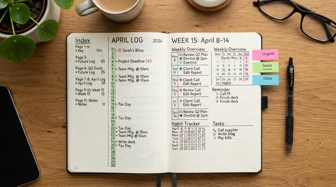 A flatlay photograph of productivity and organization journals featuring a dotted notebook with rapid-logging bullet lists, a colorful weekly planner grid, sticky notes, and a fine-liner pen on a clean wooden desk.