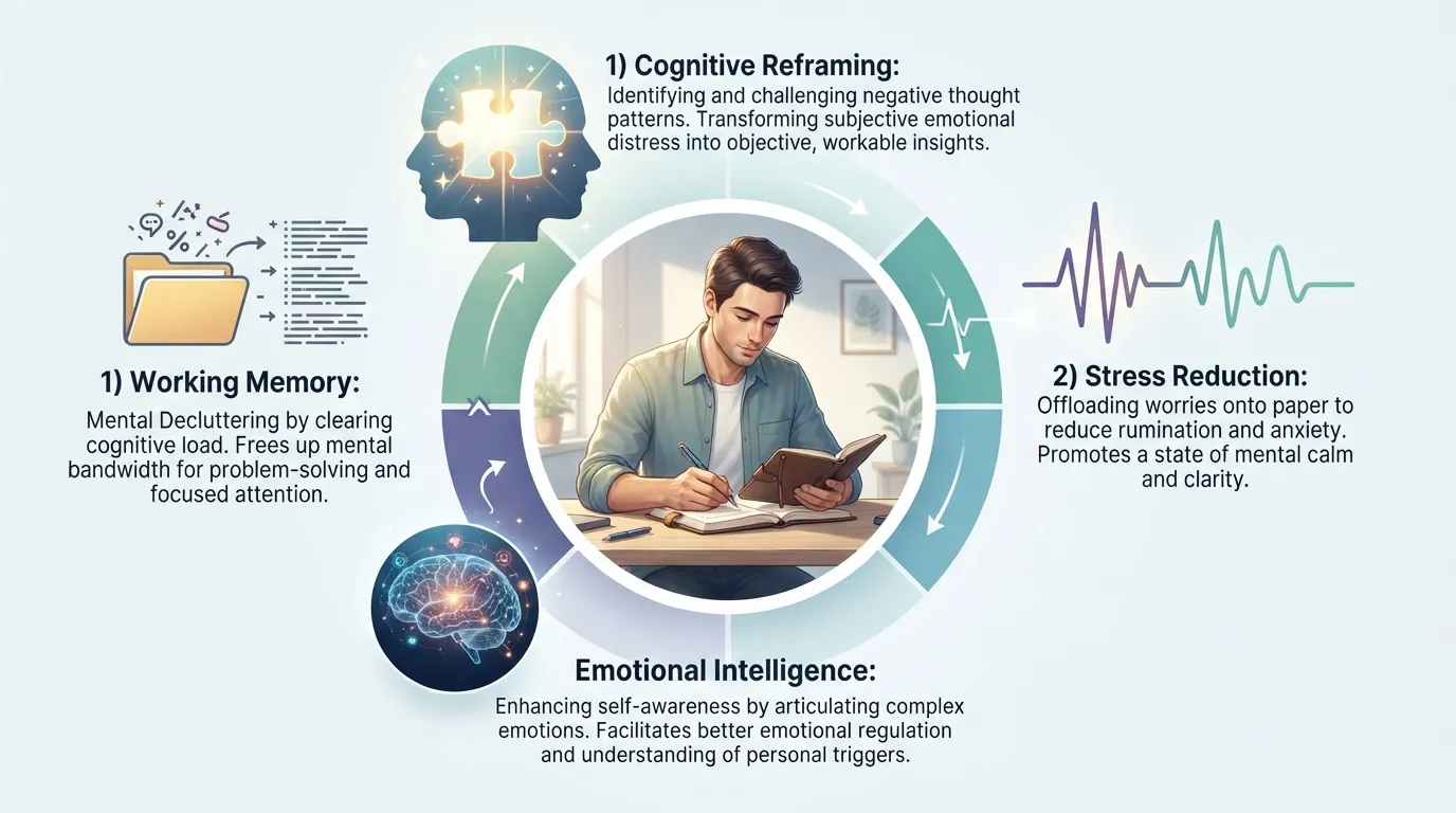 An infographic illustrating the psychological benefits of journaling, showing a person writing in a notebook with icons representing cognitive reframing, stress reduction, and emotional clarity.