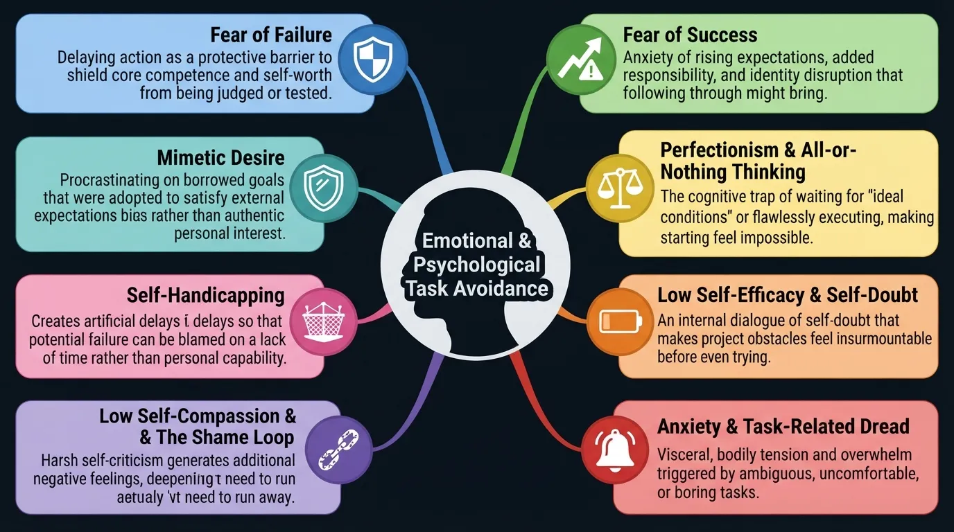 Infographic illustrating the 8 core psychological and emotional causes of procrastination, including fear of failure, perfectionism, self-doubt, and low self-compassion.