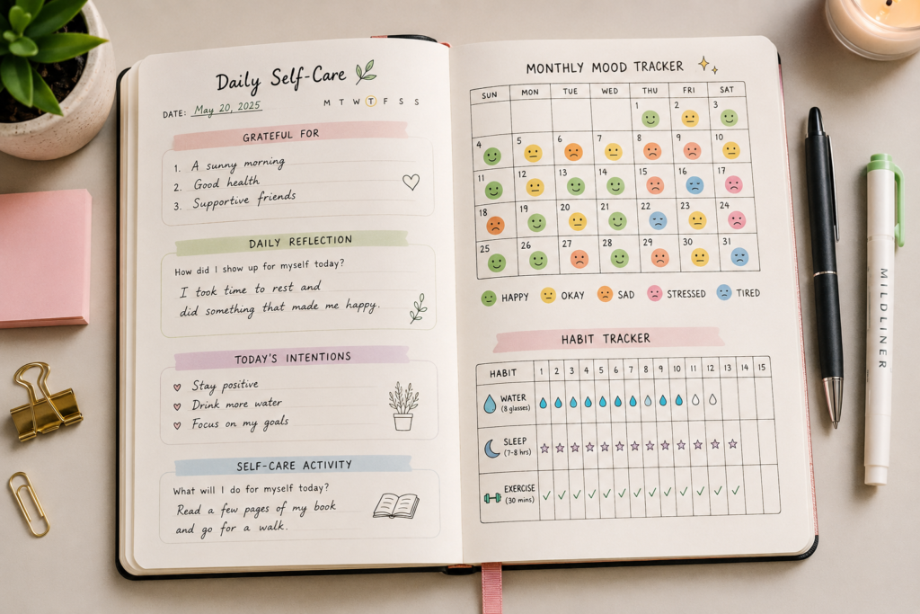 An open self-care journal layout displaying daily reflection prompts, mood trackers, and habit tracking grids on a desk.