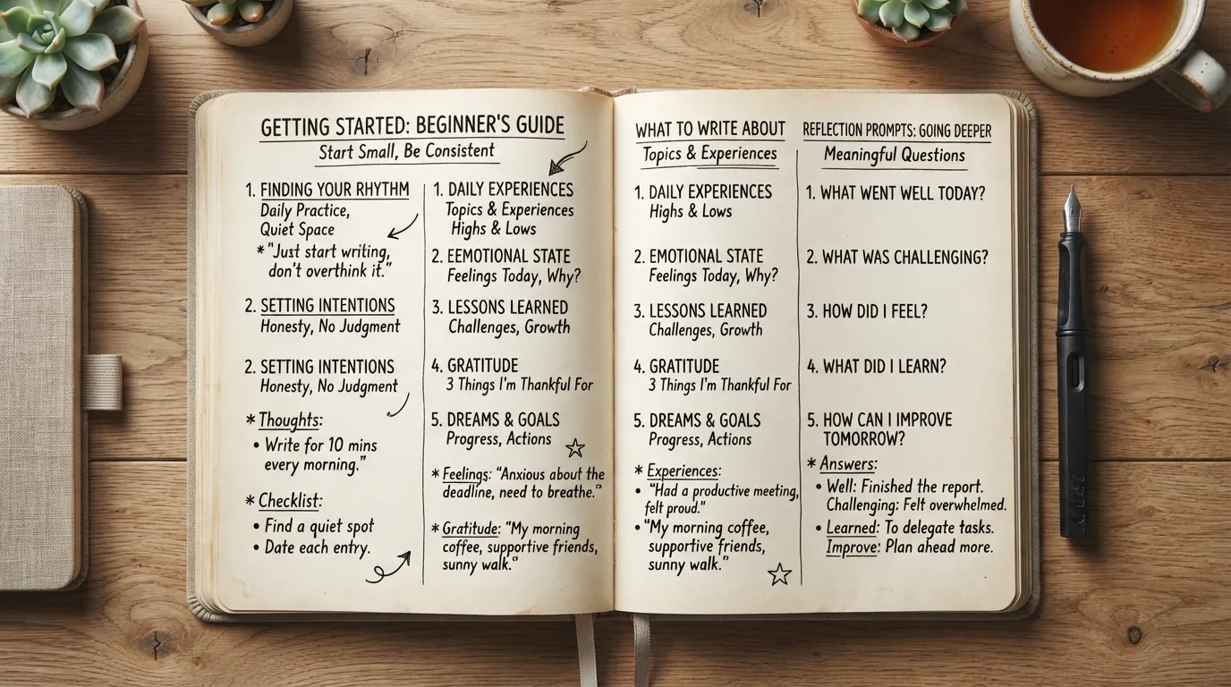 Open self-discovery journal showing how to begin journaling, what to write about yourself, and how to review entries for personal insights and patterns.