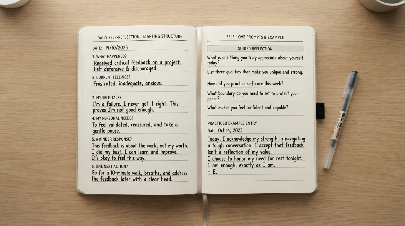 Open self love journal showing a simple journaling routine, example reflections, self-love prompts, and space for writing personal thoughts.