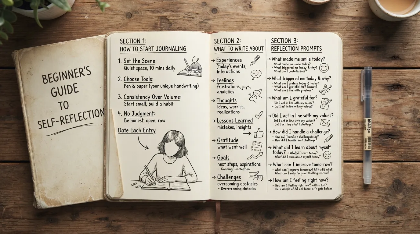 Open self reflection journal showing simple starting steps, writing ideas, reflection questions, and journal prompts for personal reflection.
