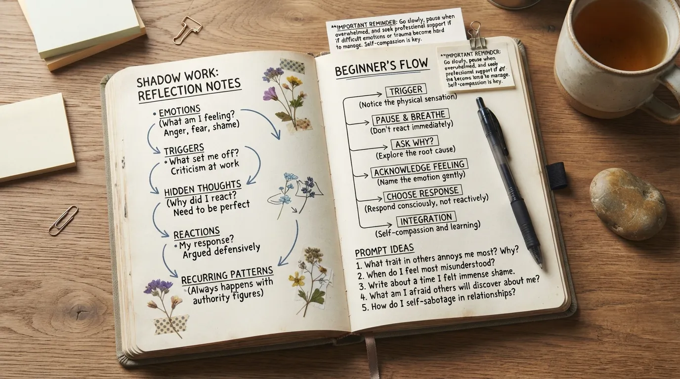 Open shadow work journal showing self-reflection prompts, emotional triggers, journaling steps, and safety guidance for beginners.
