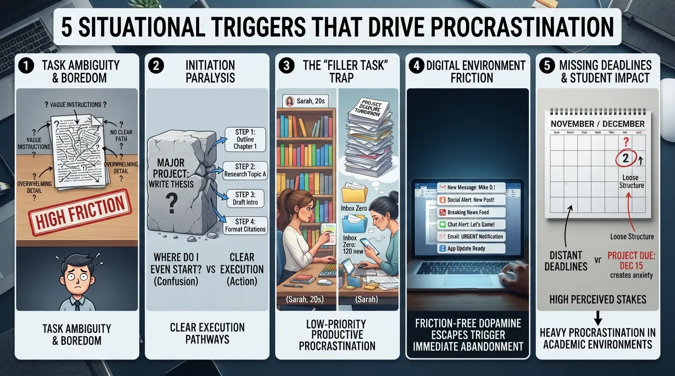 Infographic illustrating the 5 key situational causes of procrastination including task ambiguity, starting paralysis, filler tasks, digital distractions, and missing deadlines.