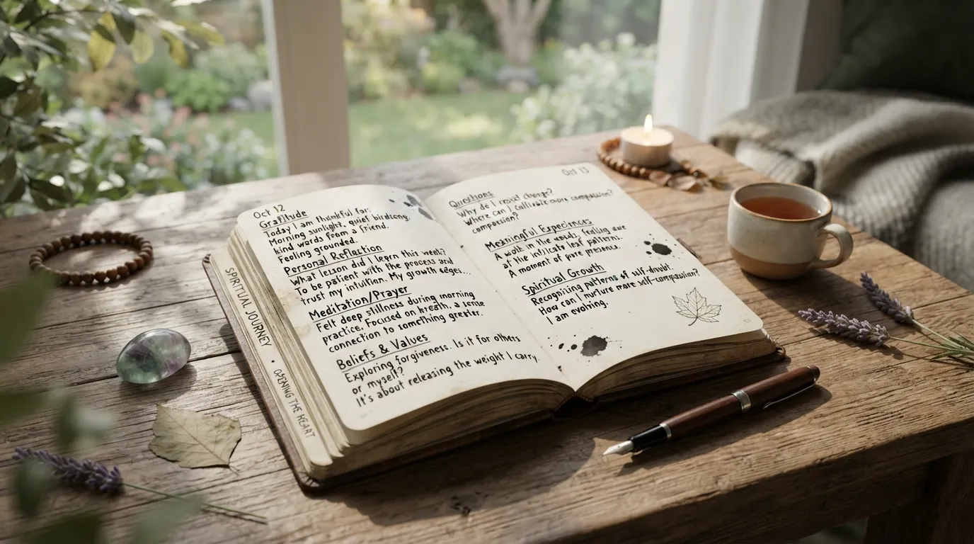 A person writing in a spiritual journal with prompts for reflection, gratitude, prayer, spiritual growth, and self-discovery