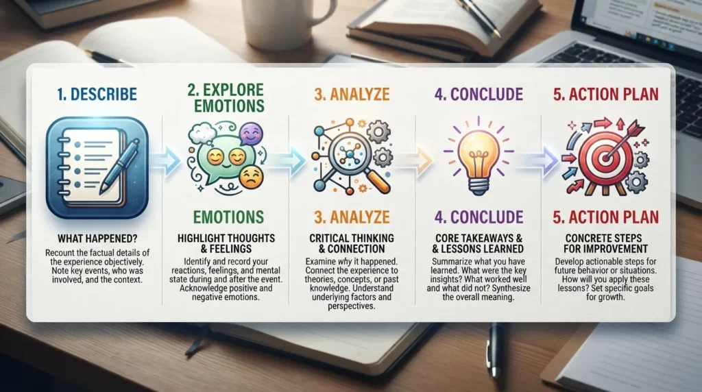 Diagram showing the step-by-step reflective journal writing process, including describing the event, exploring emotions, critical analysis, and creating an action plan.