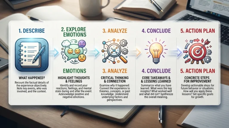 Diagram showing the step-by-step reflective journal writing process, including describing the event, exploring emotions, critical analysis, and creating an action plan.