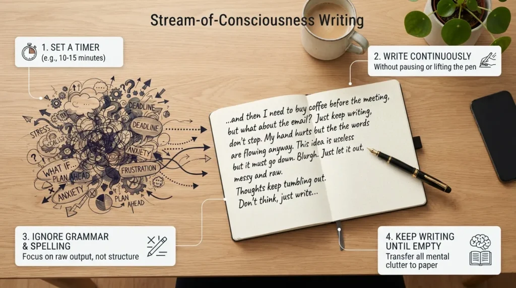 A step-by-step visual diagram illustrating stream-of-consciousness journaling technique, showing handwritten notebook pages, brain thoughts transforming into written words, and key steps to clear mental clutter.