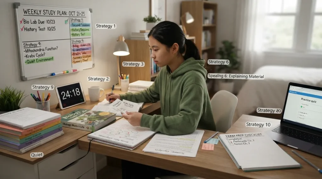 High school student using effective study habits including active recall, spaced practice, time management, organized notes, and focused study sessions