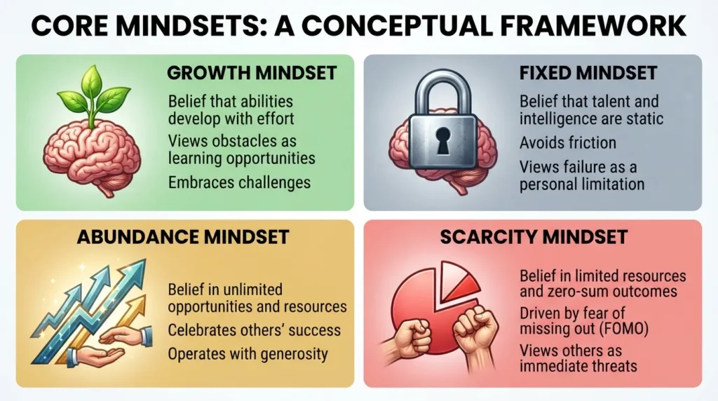 A four-quadrant infographic matrix comparing the four main types of mindsets: Fixed, Growth, Abundance, and Scarcity, detailing their primary characteristics, key beliefs, and behavioral responses to challenges.