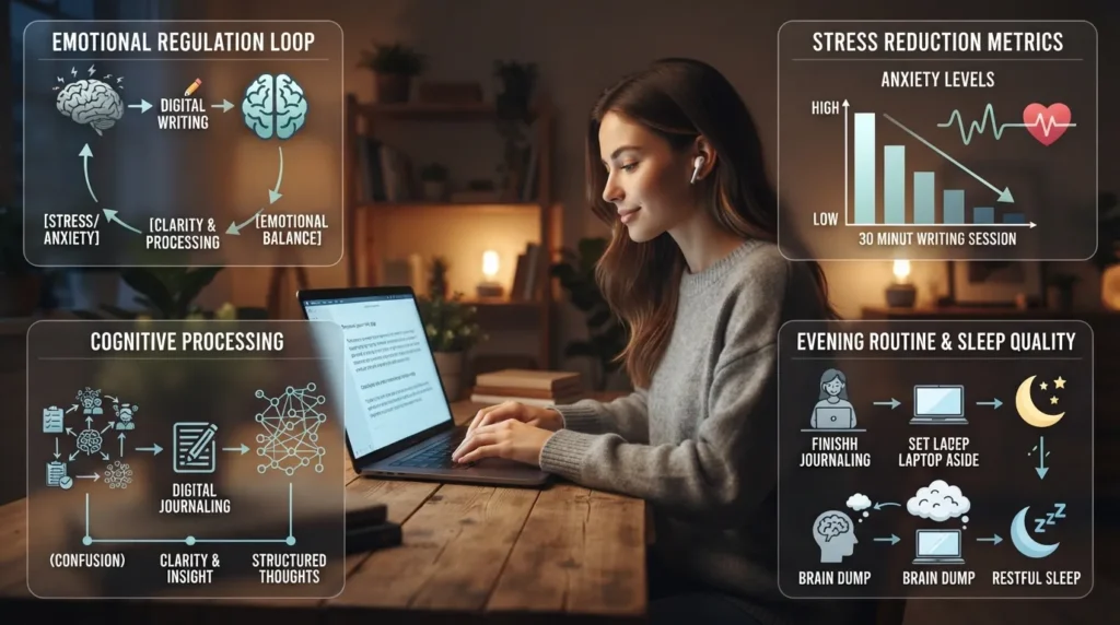 A person typing on a smartphone and laptop to process emotions, illustrating the psychological and mental health benefits of digital journaling.