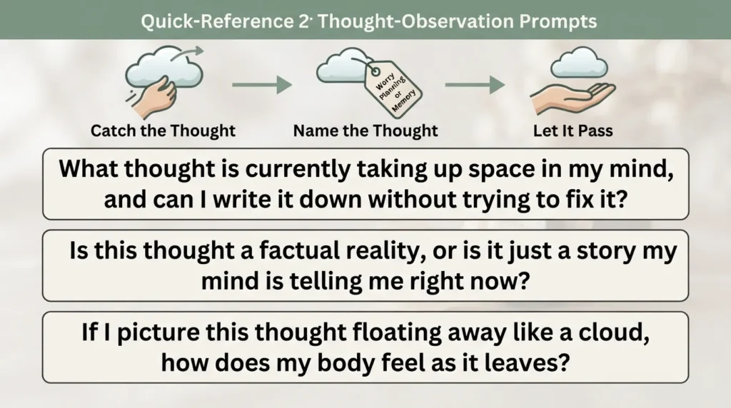 An infographic detailing three thought-observation journal prompts to help track, name, and release passing thoughts neutrally.
