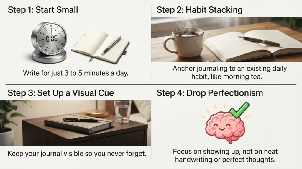 An infographic illustrating four simple steps to build a daily mindfulness journaling habit, including starting small, anchoring to a daily routine, creating a clean workspace, and removing self-judgment.
