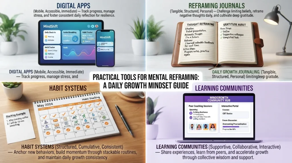 An infographic visual chart displaying key mindset shift tools, including daily reflection journals, digital tracking apps, habit charts, and community coaching portals.