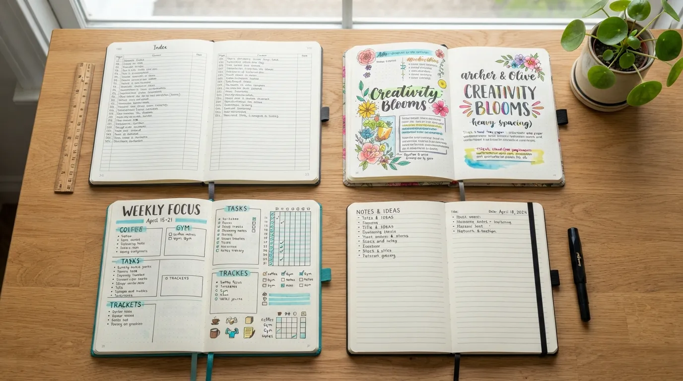 A side-by-side display of four popular journal books including Leuchtturm1917, Archer & Olive, Scribbles That Matter, and Moleskine, showcasing different sizes, cover textures, and page layouts.