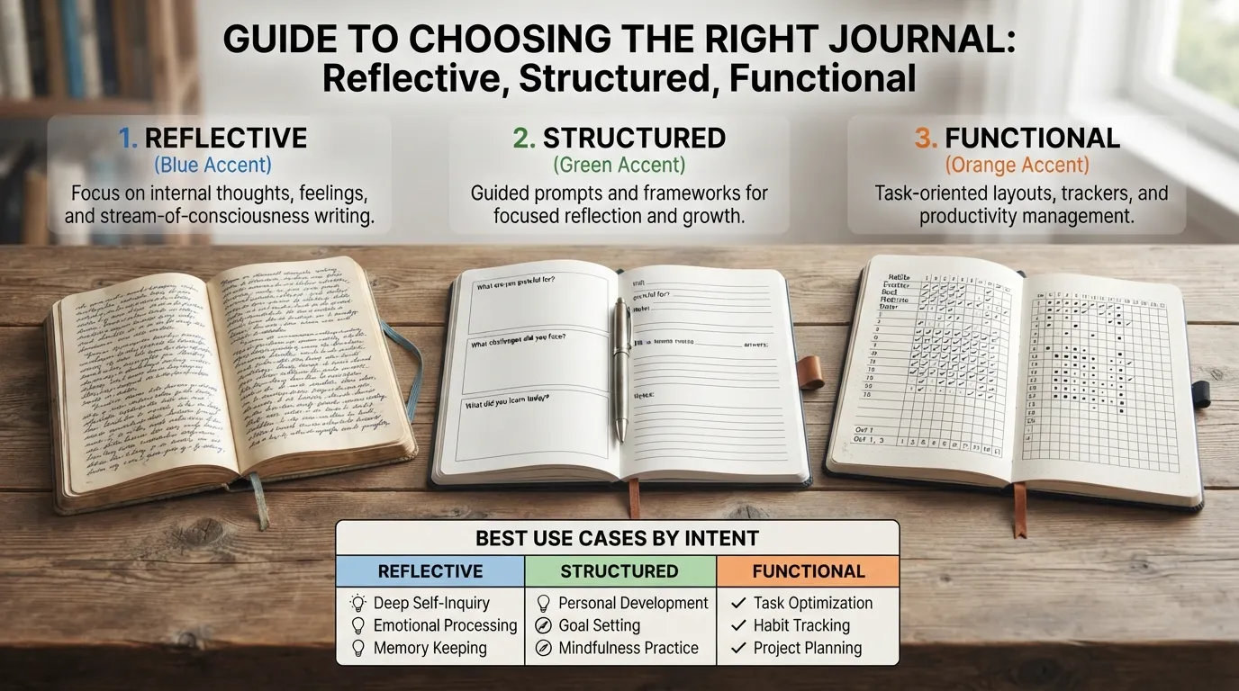 A side-by-side comparison of different journal book types, including reflective diaries, structured guided journals, and functional tracking notebooks, illustrating their distinct layouts and purposes.