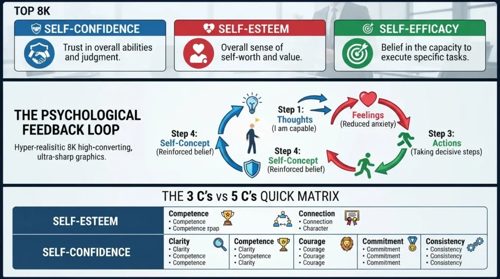 Diagram breaking down the psychological differences between self-confidence, self-esteem, and self-efficacy, including the psychological feedback loop connecting thoughts, feelings, and actions.