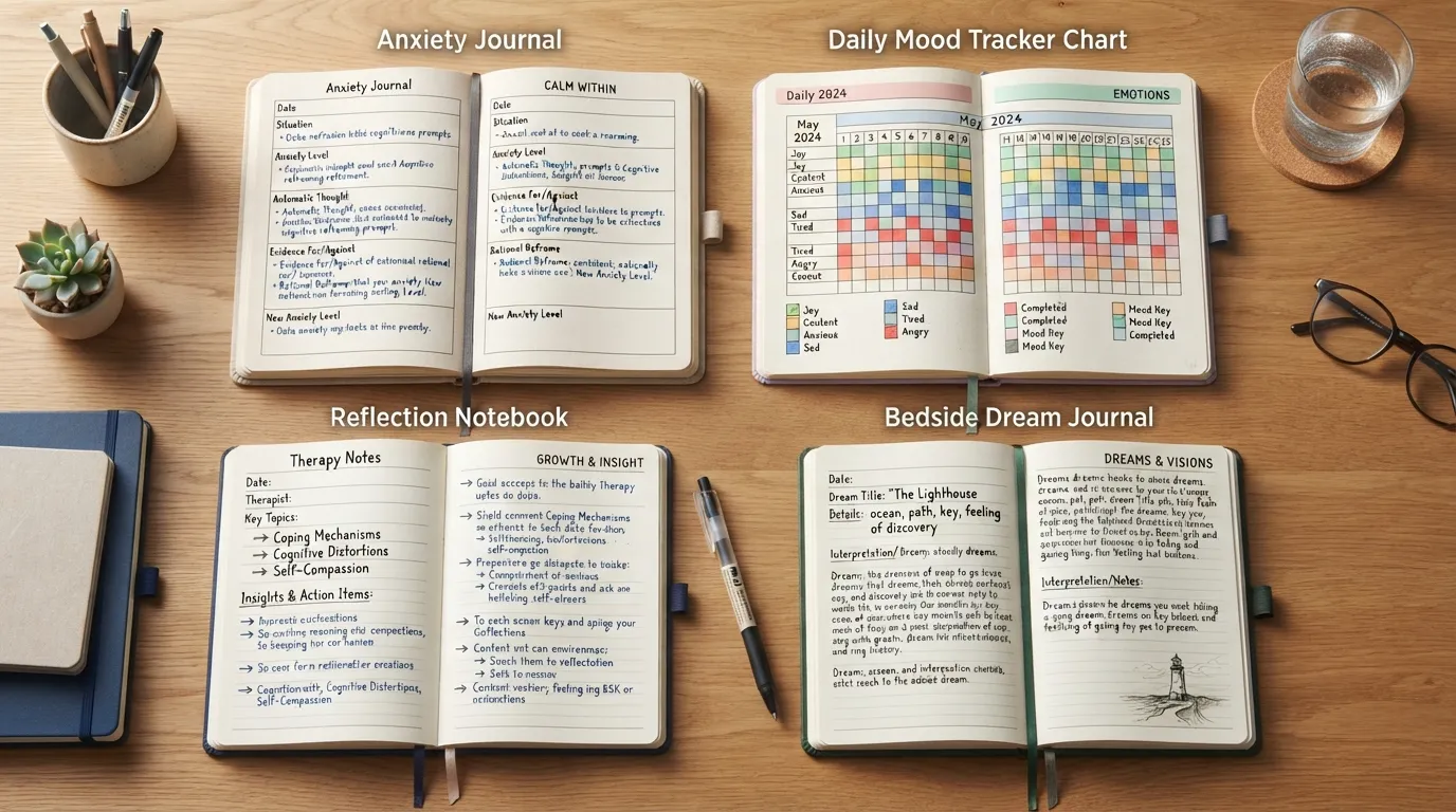 Flatlay photo of wellness and mental health journals featuring mood trackers, anxiety logs, and reflection notebooks with a pen on a clean wooden desk.