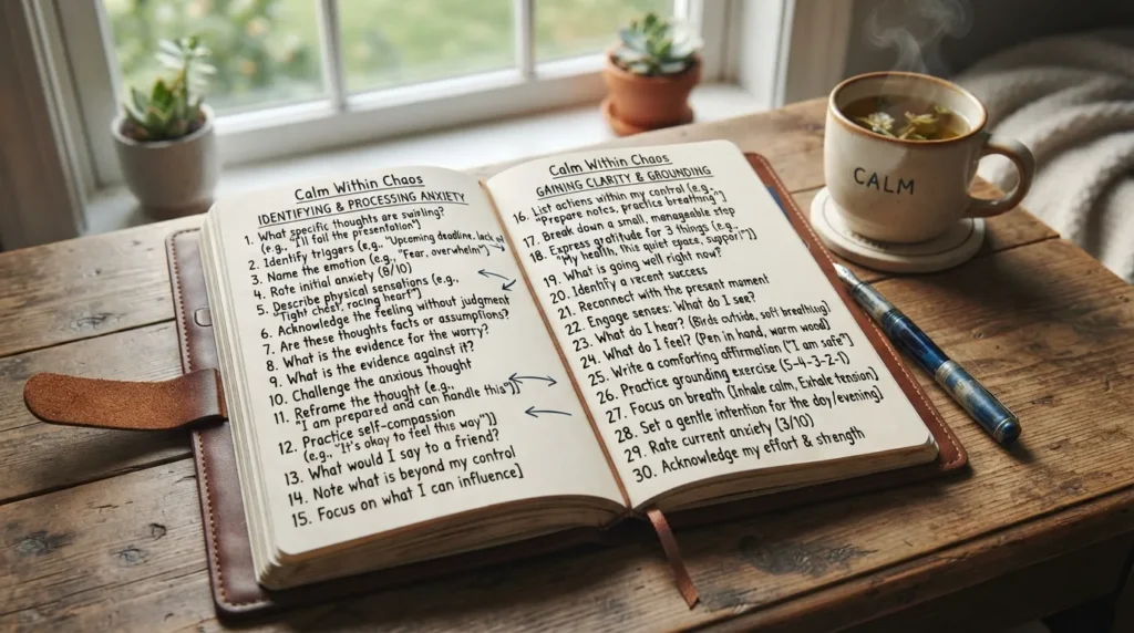 Journal with anxiety prompts for identifying anxious thoughts, processing emotions, calming the mind, and building a more grounded mindset