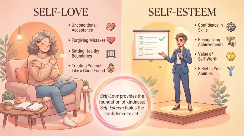 A side-by-side comparison diagram showing the definition of self-love on the left and self-esteem on the right, highlighting their key differences and connection.