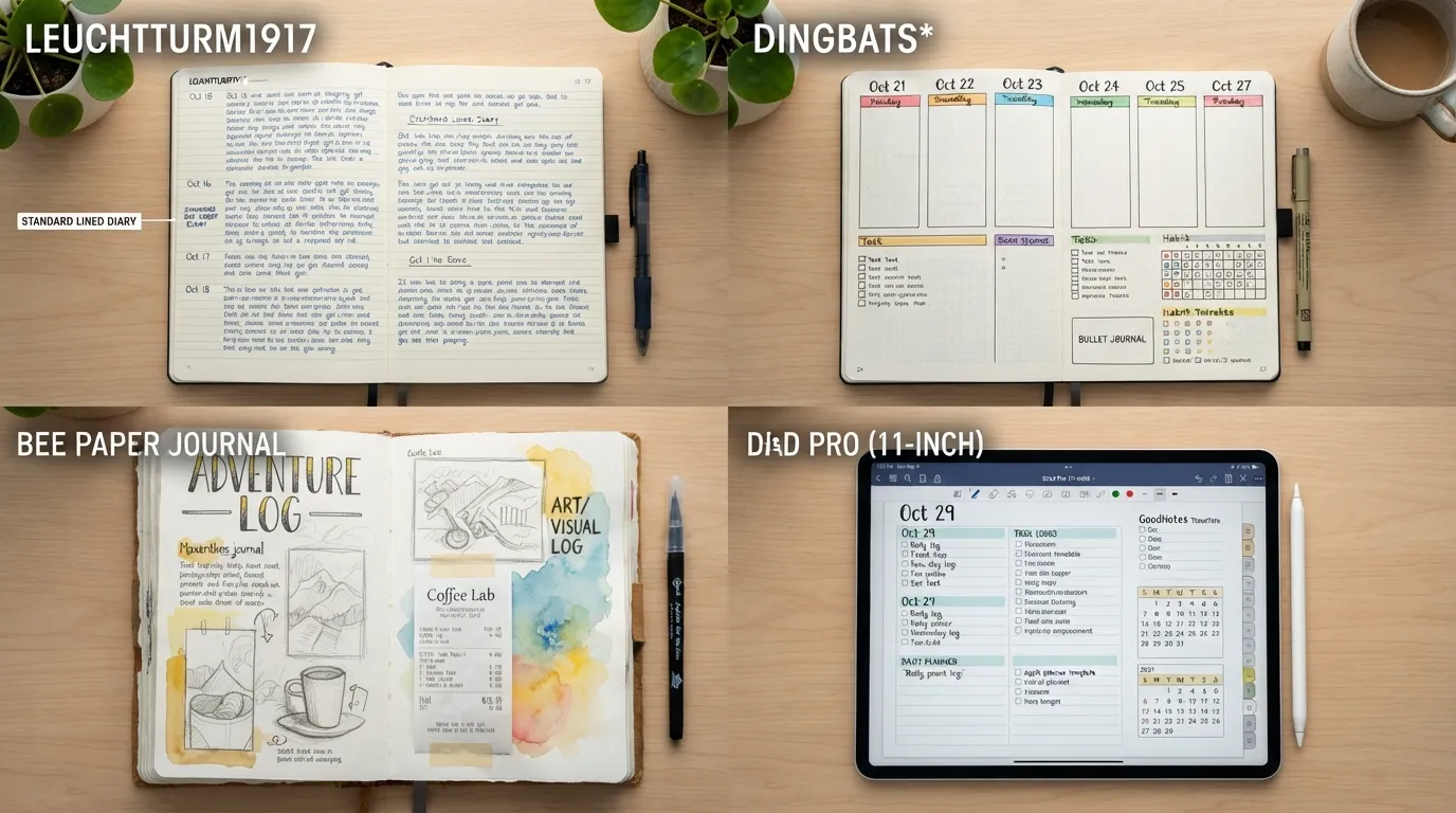 A flat lay comparison showing four distinct journal styles spread open on a wooden table, including a plain text lined diary, a bullet grid notebook, an art journal with sketches, and a minimalist digital journal on a tablet.