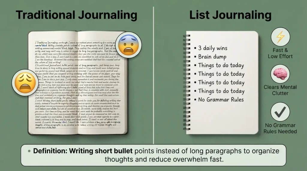 An infographic defining list journaling with visual icons highlighting key mental health benefits like stress relief and brain dumps.