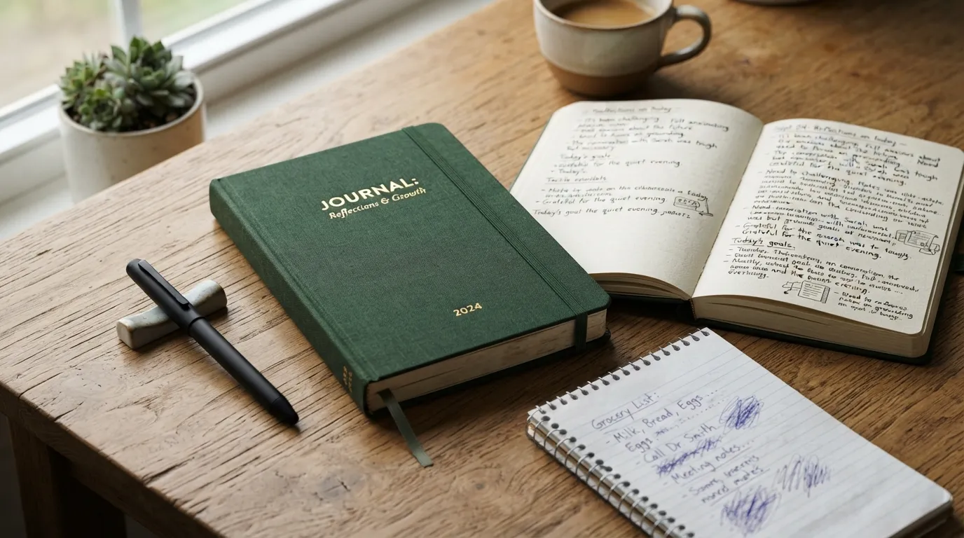A closed leather-bound journal book alongside an open notebook and pen, illustrating the physical attributes and core definition of a journal book.
